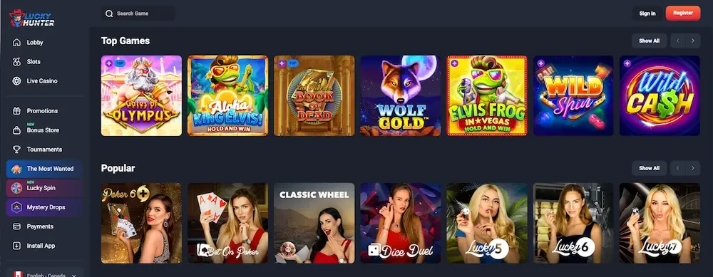 Lucky Hunter Casino website preview